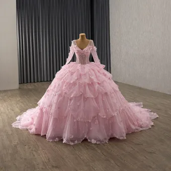 Fée Des Fleurs Rose Bonbon Fait Main Perlage Perle Paillettes Appliques Volants En Cascade Robe De Bal 2025 Robe Boule V Cou Manches Longues Dos Nu Royal Train