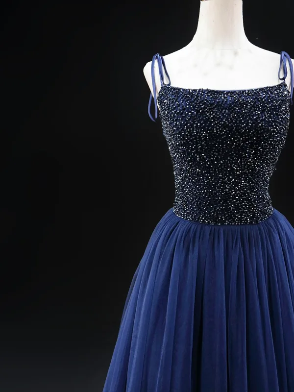 Vintage / Originale Bleu Marine Paillettes Robe De Bal 2024 Princesse Bretelles Spaghetti Sans Manches Dos Nu Longue Promo Robe De Ceremonie
