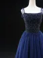 Vintage / Originale Bleu Marine Paillettes Robe De Bal 2024 Princesse Bretelles Spaghetti Sans Manches Dos Nu Longue Promo Robe De Ceremonie