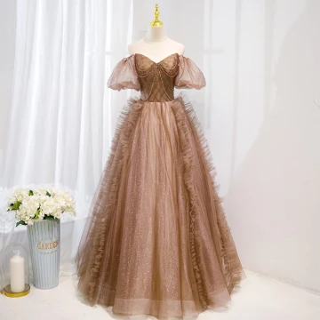 Chic Belle Café Paillettes Gonflée Robe De Bal 2022 Princesse De L Épaule Perlage Gland Manches Courtes Dos Nu Longue Promo Robe De Ceremonie