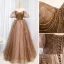 Chic / Beautiful Coffee Sequins Puffy Prom Dresses 2022 A-Line / Princess Off-The-Shoulder Beading Tassel Short Sleeve Backless Floor-Length / Long Prom Formal Dresses