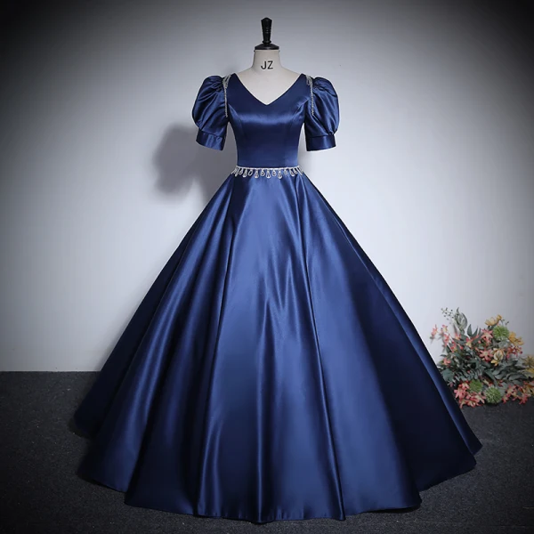 Vintage / Retro Black Rhinestone Satin Prom Dresses 2024 Ball Gown V-Neck Short Sleeve Backless Floor-Length / Long Prom Formal Dresses