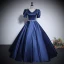Vintage / Retro Black Rhinestone Satin Prom Dresses 2024 Ball Gown V-Neck Short Sleeve Backless Floor-Length / Long Prom Formal Dresses
