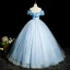 Elegant Sky Blue Lace Butterfly Prom Dresses 2023 Ball Gown Scoop Neck Ruffle Short Sleeve Backless Sequins Floor-Length / Long Prom Formal Dresses