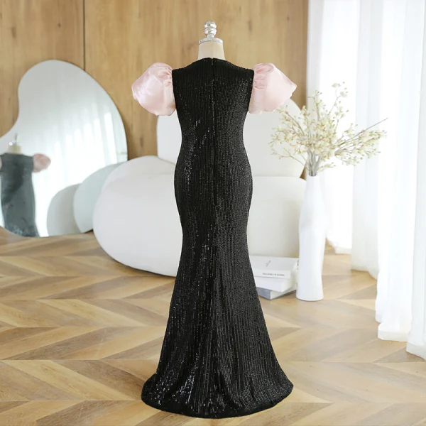 Sparkly Black Sequins Birthday Flower Girl Dresses 2023 Trumpet / Mermaid Scoop Neck Bow Puffy Short Sleeve Floor-Length / Long Flower Girl Dresses