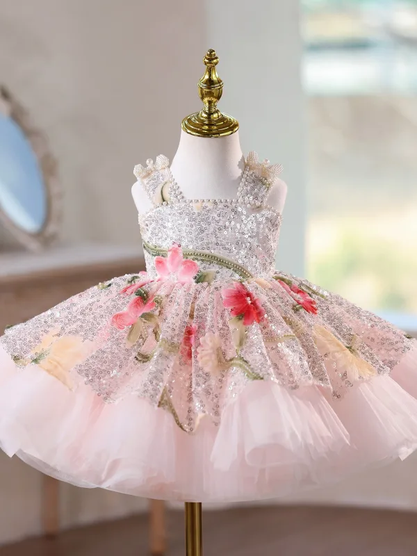 Dazzling Blushing Pink Beading Appliques Sequins Birthday Short Flower Girl Dresses 2026 Ball Gown Square Neckline Sleeveless Backless Bow