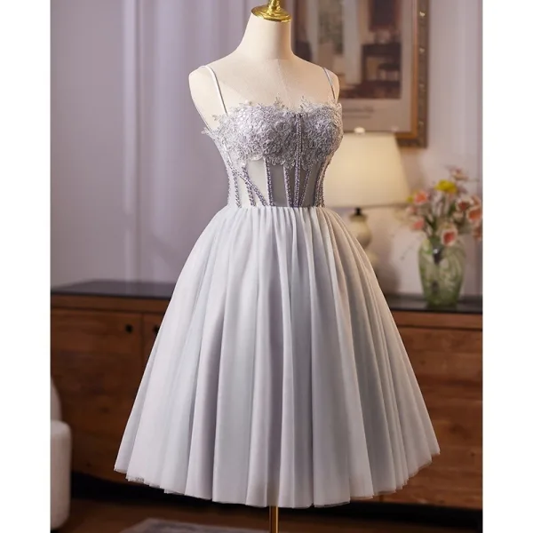 Classy Grey Beading Sequins Lace Flower Homecoming Graduation Dresses 2025 Ball Gown Spaghetti Straps Sleeveless Backless Knee-Length