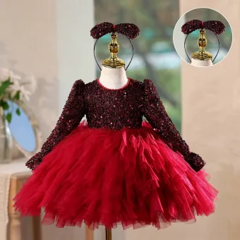 Charming Burgundy Sequins Pleated Short Birthday Flower Girl Dresses 2025 Ball Gown Scoop Neck Long Sleeve