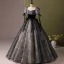 Elegant Black Printing Prom Dresses 2024 Ball Gown Square Neckline Short Sleeve Backless Floor-Length / Long Prom Formal Dresses