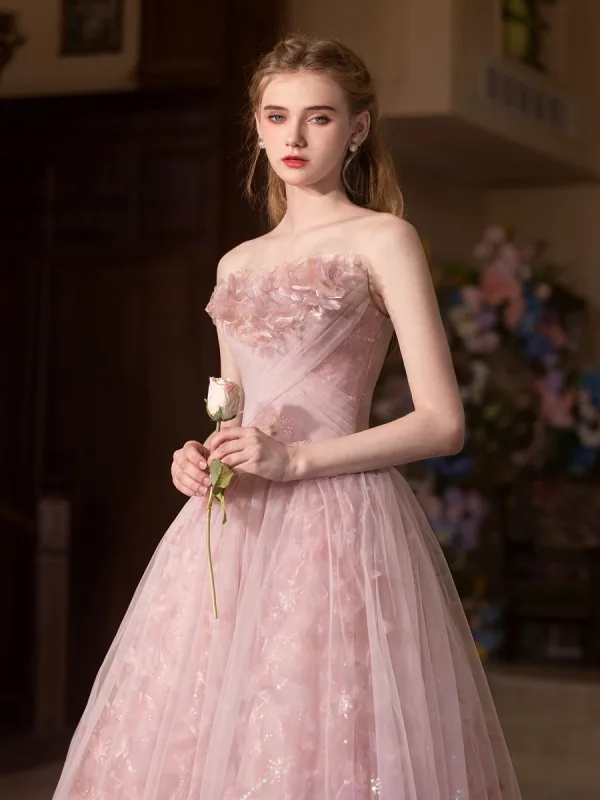 Chic / Beautiful Blushing Pink Appliques Prom Dresses 2025 A-Line / Princess Off-The-Shoulder Short Sleeve Backless Floor-Length / Long Formal Dresses