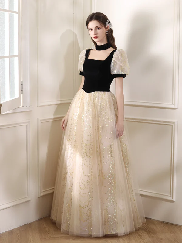 Bling Bling Black Sequins Prom Dresses 2024 A-Line / Princess Square Neckline Short Sleeve Backless Floor-Length / Long Prom Formal Dresses