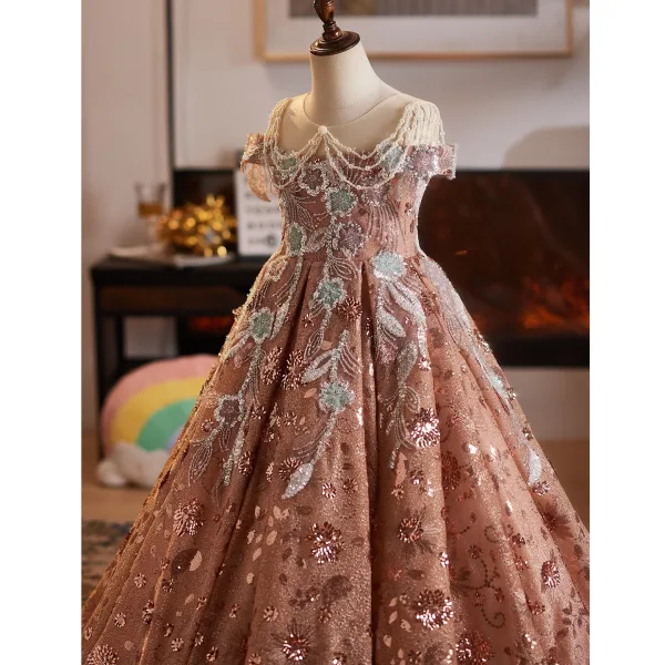 Charming Tan Beading Pearl Sequins Birthday Flower Girl Dresses 2025 Ball Gown Scoop Neck Sleeveless Floor-Length / Long