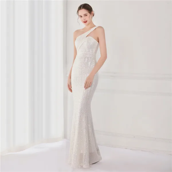 Sparkly Beige Sequins Evening Dresses 2022 A-Line / Princess One-Shoulder Sleeveless Backless Floor-Length / Long Evening Party Formal Dresses