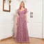 Chic / Beautiful Candy Pink Lace Flower Evening Dresses 2024 A-Line / Princess V-Neck Short Sleeve Backless Floor-Length / Long Evening Party Formal Dresses