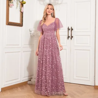 Elegant Blushing Pink Lace Flower Prom Dresses 2024 A Line Princess Square Neckline Short Sleeve Backless Floor Length Long Prom Formal Dresses