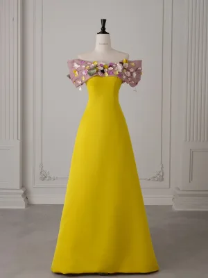 Vintage Retro Yellow Appliques Prom Dresses 2025 A Line Princess Off The Shoulder Short Sleeve Backless Sweep Train Prom Formal Dresses