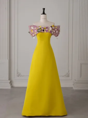 Vintage Originale Jaune Appliques Robe De Bal 2025 Princesse De L Épaule Manches Courtes Dos Nu Train De Balayage Promo Robe De Ceremonie