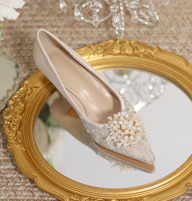 Charming Champagne Pearl Rhinestone Wedding Shoes 2023 5 Cm Stiletto Heels  Pointed Toe Wedding Pumps High