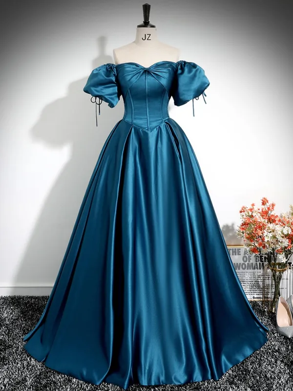 Vintage / Retro Ocean Blue Prom Dresses 2025 Ball Gown Off-The-Shoulder Puffy Short Sleeve Backless Floor-Length / Long Formal Dresses