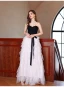Fashion Black Ruffle Prom Dresses 2022 A-Line / Princess Strapless Lace Flower Sleeveless Backless Bow Sash Floor-Length / Long Formal Dresses