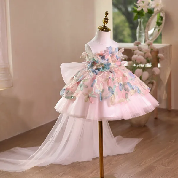 Flower Fairy Blushing Pink Beading Appliques Sequins Birthday Short Flower Girl Dresses 2025 Ball Gown Scoop Neck Sleeveless Backless Tulle
