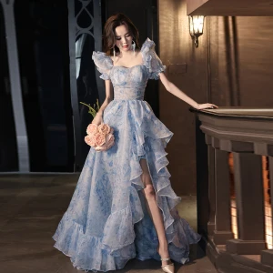 Mode Bleu Ciel Impression Robe De Bal 2024 Princesse Encolure Carrée Manches Courtes Dos Nu Longue Promo Robe De Ceremonie