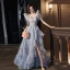 Fashion Sky Blue Printing Prom Dresses 2024 A-Line / Princess Square Neckline Short Sleeve Backless Floor-Length / Long Prom Formal Dresses