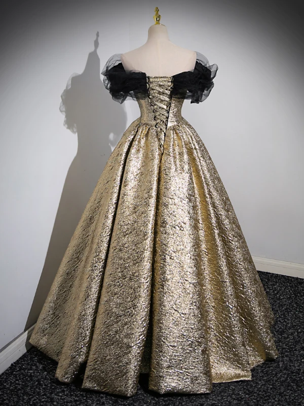Sparkly Black Gold Glitter Prom Dresses Ball Gown 2023 Off-The-Shoulder Sleeveless Backless Floor-Length / Long Prom Formal Dresses