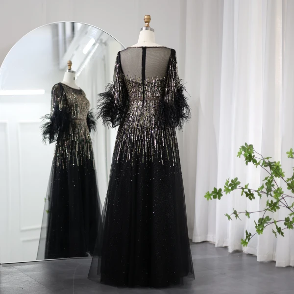 High-end Black Handmade Beading Sequins Feather Prom Dresses 2024 A-Line / Princess Scoop Neck 1/2 Sleeves Floor-Length / Long Prom Formal Dresses