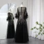 High-end Black Handmade  Beading Sequins Feather Prom Dresses 2024 A-Line / Princess Scoop Neck 1/2 Sleeves Floor-Length / Long Prom Formal Dresses