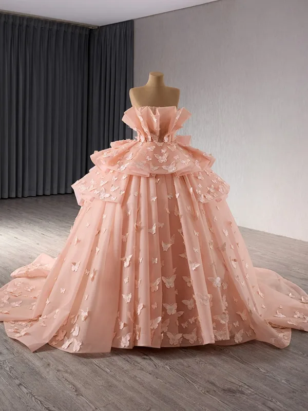 Fashion Luxury / Gorgeous Orange Butterfly Appliques Cascading Ruffles Prom Dresses 2024 Ball Gown Strapless Sleeveless Backless Chapel Train Prom Formal Dresses