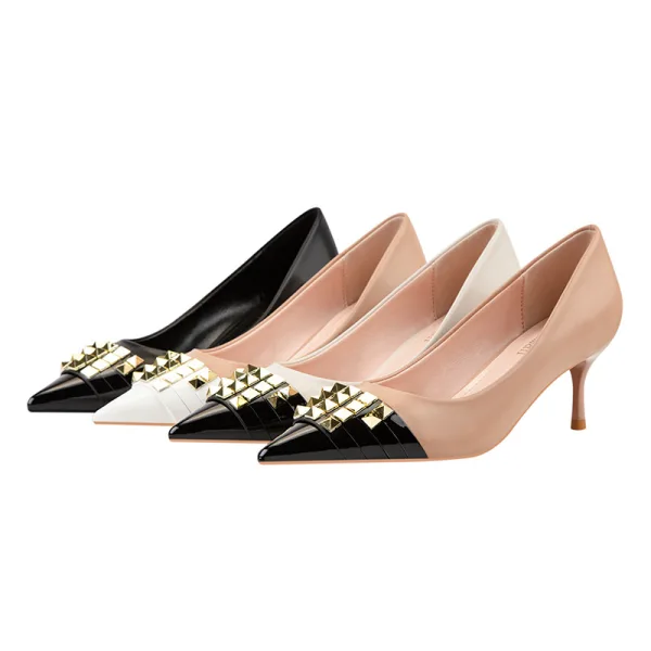 Fashion Black Rivet Evening Party Pumps 2022 6 cm Stiletto Heels Pointed Toe Pumps High Heels