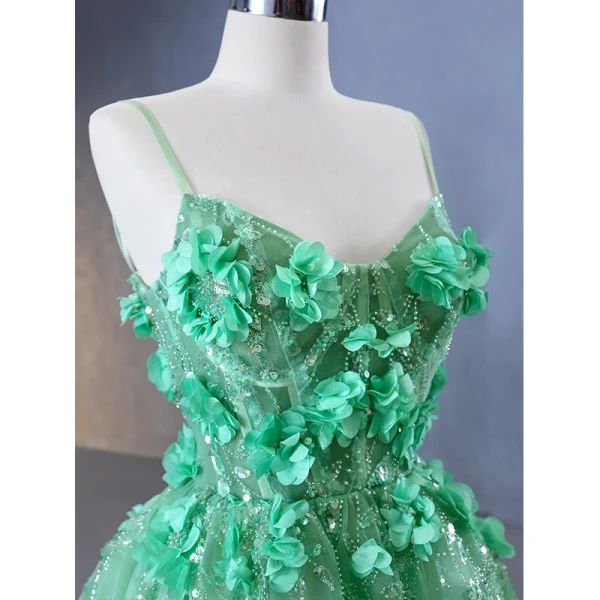 High-end Green Beading Appliques Sequins Prom Dresses 2023 A-Line / Princess Spaghetti Straps Sleeveless Backless Floor-Length / Long Prom Formal Dresses