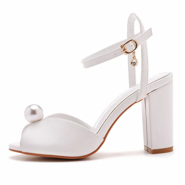 Elegante Weiß Perle Brautschuhe 2024 Knöchelriemen 9 cm Thick Heels Peeptoes Hochzeit Sandaletten Hochhackige
