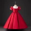 Chic / Beautiful Red Satin Birthday Flower Girl Dresses 2024 Pearl Scoop Neck Short Sleeve Bow Backless Floor-Length / Long