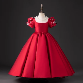 Chic Beautiful Red Satin Birthday Flower Girl Dresses 2024 Pearl Scoop Neck Short Sleeve Bow Backless Floor Length Long