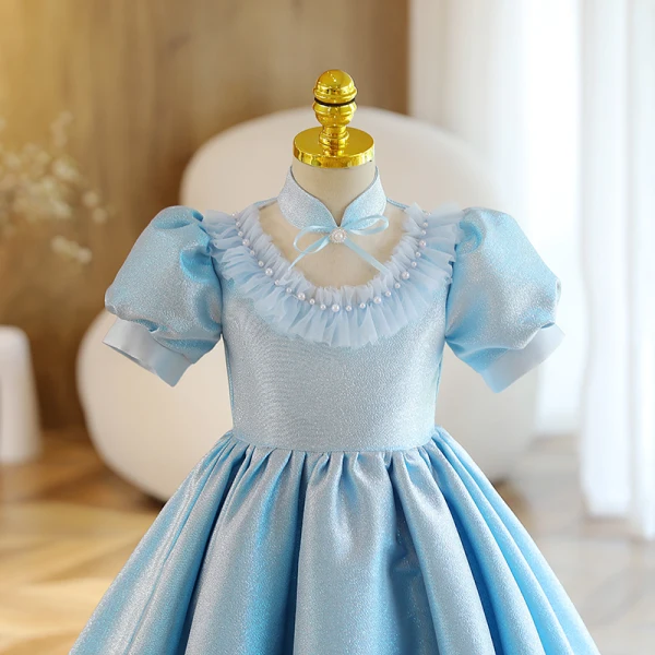 Chic / Beautiful Sky Blue Glitter Short Flower Girl Dresses 2022 A-Line / Princess Scoop Neck Pearl Short Sleeve Birthday Flower Girl Dresses