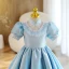 Chic / Beautiful Sky Blue Glitter Short Flower Girl Dresses 2022 A-Line / Princess Scoop Neck Pearl Short Sleeve Birthday Flower Girl Dresses