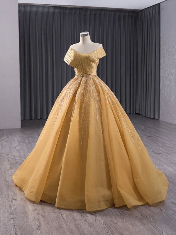 Elegant Gold Beading Sequins Prom Dresses 2024 Ball Gown Off-The-Shoulder Sleeveless Backless Sweep Train Prom Formal Dresses