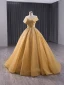 Elegant Gold Beading Sequins Prom Dresses 2024 Ball Gown Off-The-Shoulder Sleeveless Backless Sweep Train Prom Formal Dresses