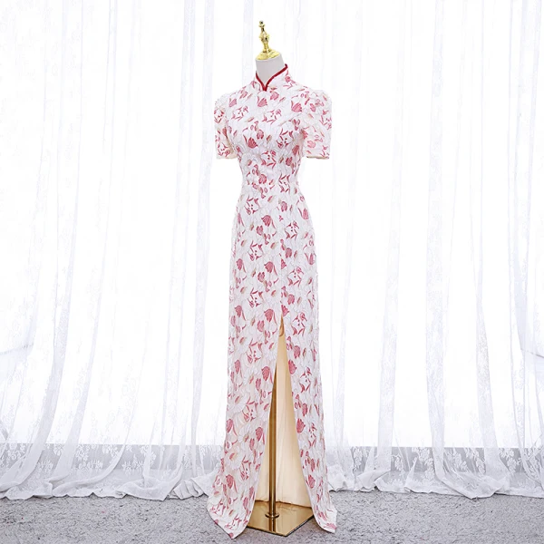 Charming Lace Flower White Cheongsam 2022 Trumpet / Mermaid High Neck Short Sleeve Backless Split Front Floor-Length / Long Evening Party Cheongsam / Qipao
