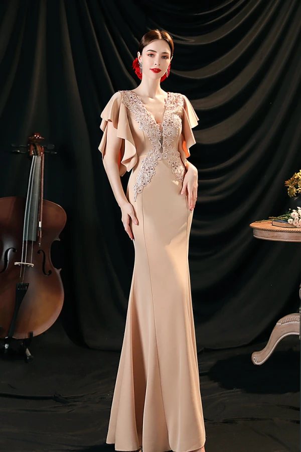 Charmant Nues En Dentelle Fleur Robe De Soirée 2022 Satin Trompette / Sirène V-Cou Perlage Faux Diamant Paillettes Manches Courtes Dos Nu Longue Soirée Robe De Ceremonie