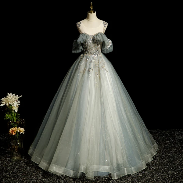 Elegant Grey Beading Sequins Prom Dresses 2022 Ball Gown Scoop Neck Short Sleeve Backless Floor-Length / Long Prom Formal Dresses