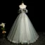 Elegant Grey Beading Sequins Prom Dresses 2023 Ball Gown Scoop Neck Short Sleeve Backless Floor-Length / Long Formal Dresses