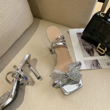 Chic Beautiful Silver Rhinestone Bow Street Wear Womens Sandals 2022 Ankle Strap 9 Cm Stiletto Heels Open Peep Toe Sandals High Heels