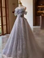 High-end Grey Beading Sequins Prom Dresses 2024 A-Line / Princess Off-The-Shoulder Sleeveless Backless Floor-Length / Long Prom Formal Dresses