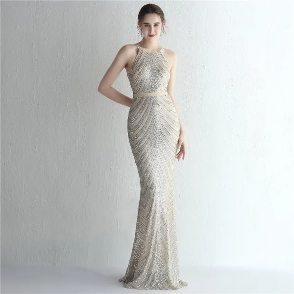 Sexy Burgundy Sequins Evening Dresses 2024 Trumpet / Mermaid Spaghetti Straps Sleeveless Backless Floor-Length / Long Evening Party Formal Dresses