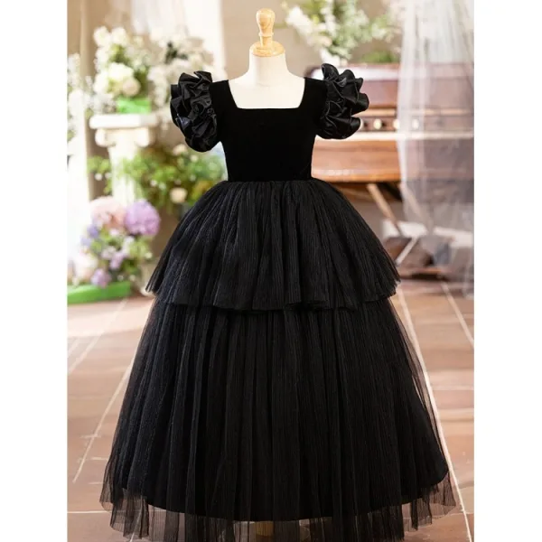 Chic / Beautiful Black Cascading Ruffles Birthday Flower Girl Dresses 2024 Square Neckline Ball Gown Puffy Short Sleeve Backless Floor-Length / Long