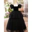 Chic / Beautiful Black Cascading Ruffles Birthday Flower Girl Dresses 2024 Square Neckline Ball Gown Puffy Short Sleeve Backless Floor-Length / Long
