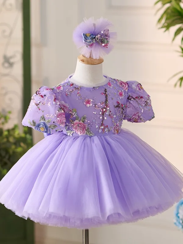 Chic / Belle Lavande Perlage Paillettes En Dentelle Fleur Courte Anniversaire Robe Ceremonie Fille Robe Boule 2024 Encolure Dégagée Noeud Manches Courtes
